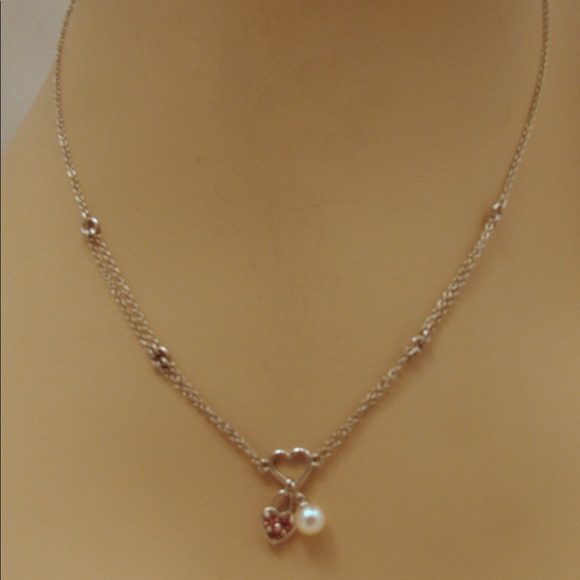 Vintage 14K WHITE GOLD heart necklace with pink tourmaline and pearl - Picture 4 of 6